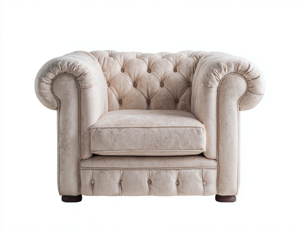 Fauteuil en tissu velours capitonné 110x95x78 cm - beige clair-bois foncé - salon style Chesterfield