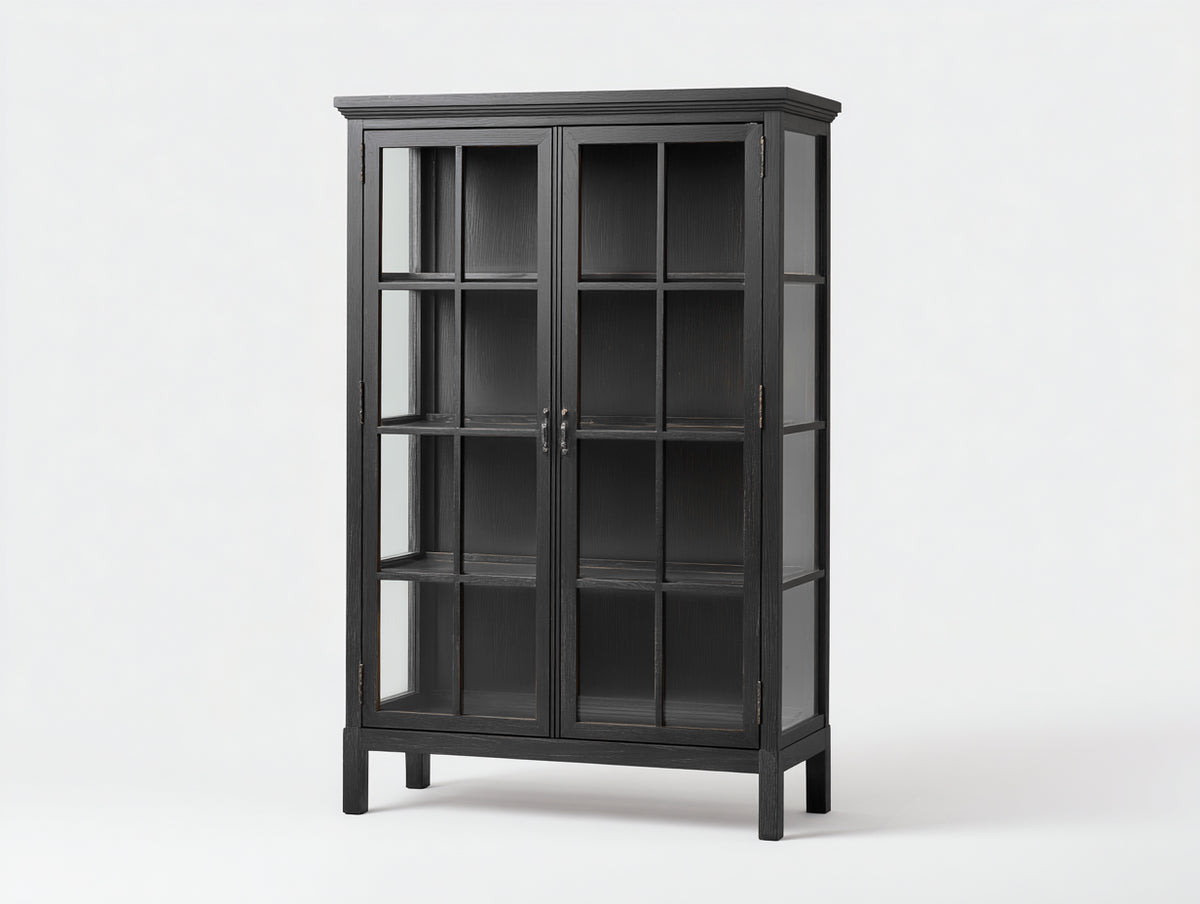 Vitrine en bois avec 2 portes vitrées 100x40x170 cm - noir et verre transparent - style moderne