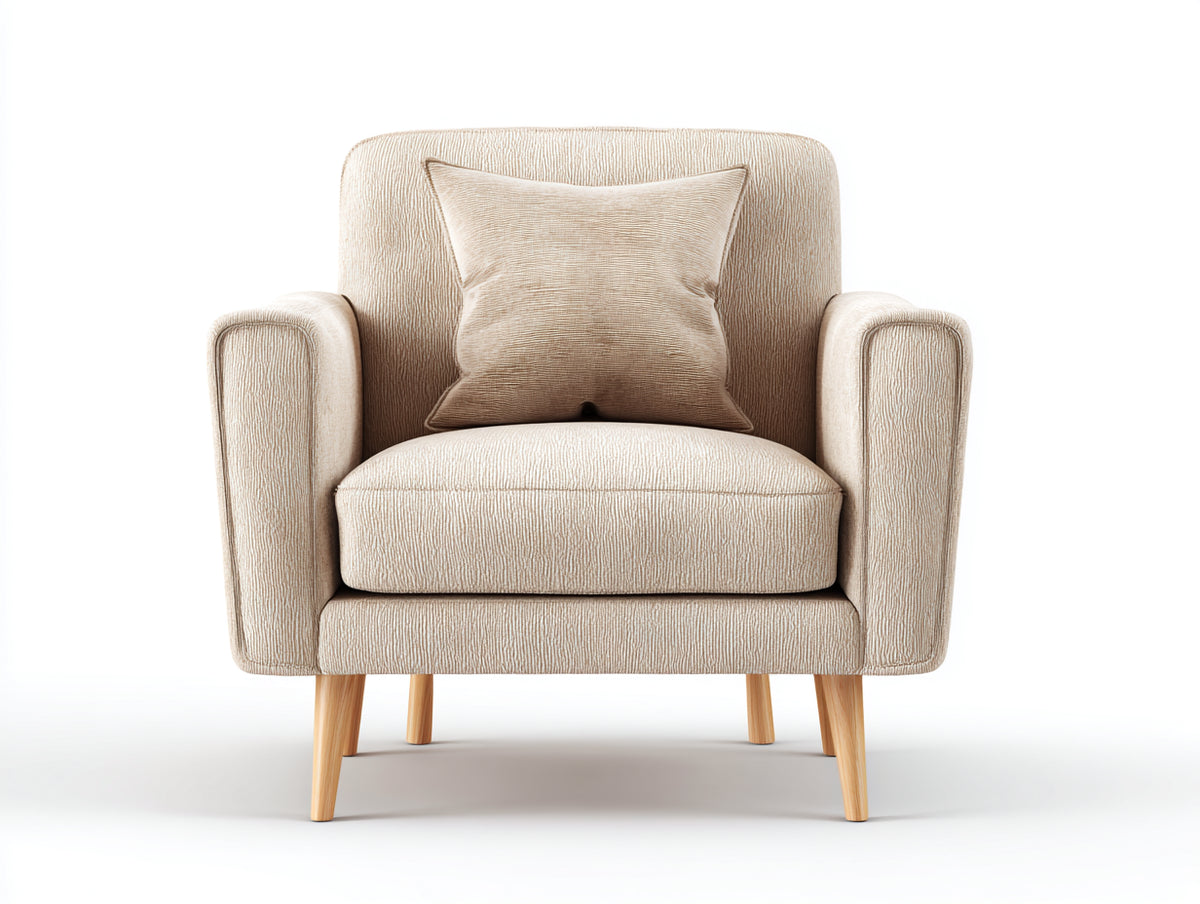 Fauteuil en tissu texturé beige 82x78x84 cm pour salon avec pieds en bois style moderne naturel
