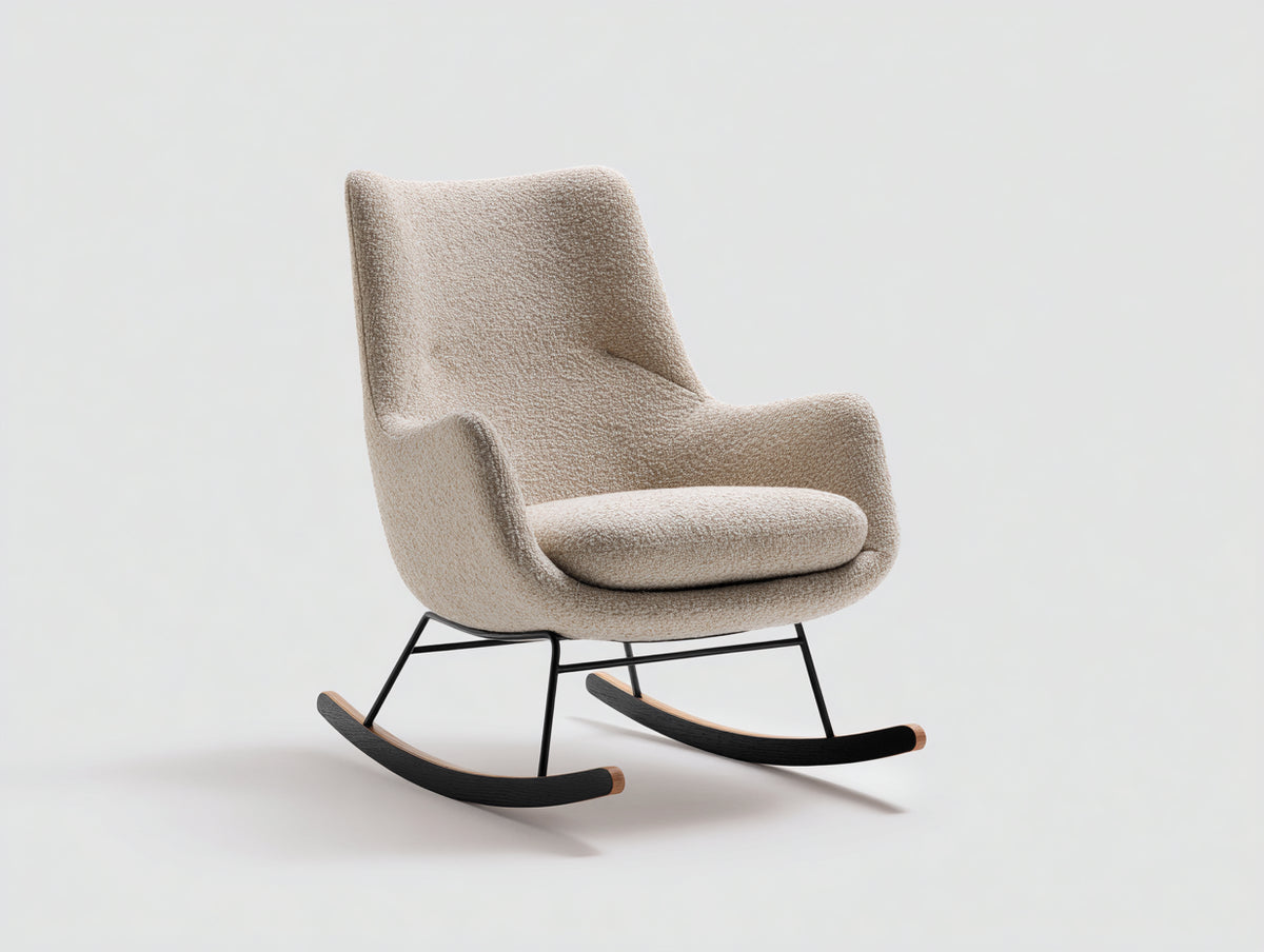 Fauteuil à bascule - tissu bouclé-métal-bois - 85x77x101 cm - beige-noir-bois clair - scandinave
