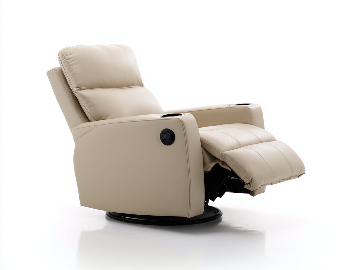 Fauteuil relax en cuir synthétique rembourré 95x92x105 cm - beige et noir - repose-pieds et porte-gobelets pour salon