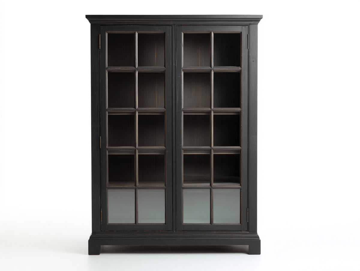 Vitrine en bois noir 120x42x180 cm - 2 portes vitrées à carreaux - style classique