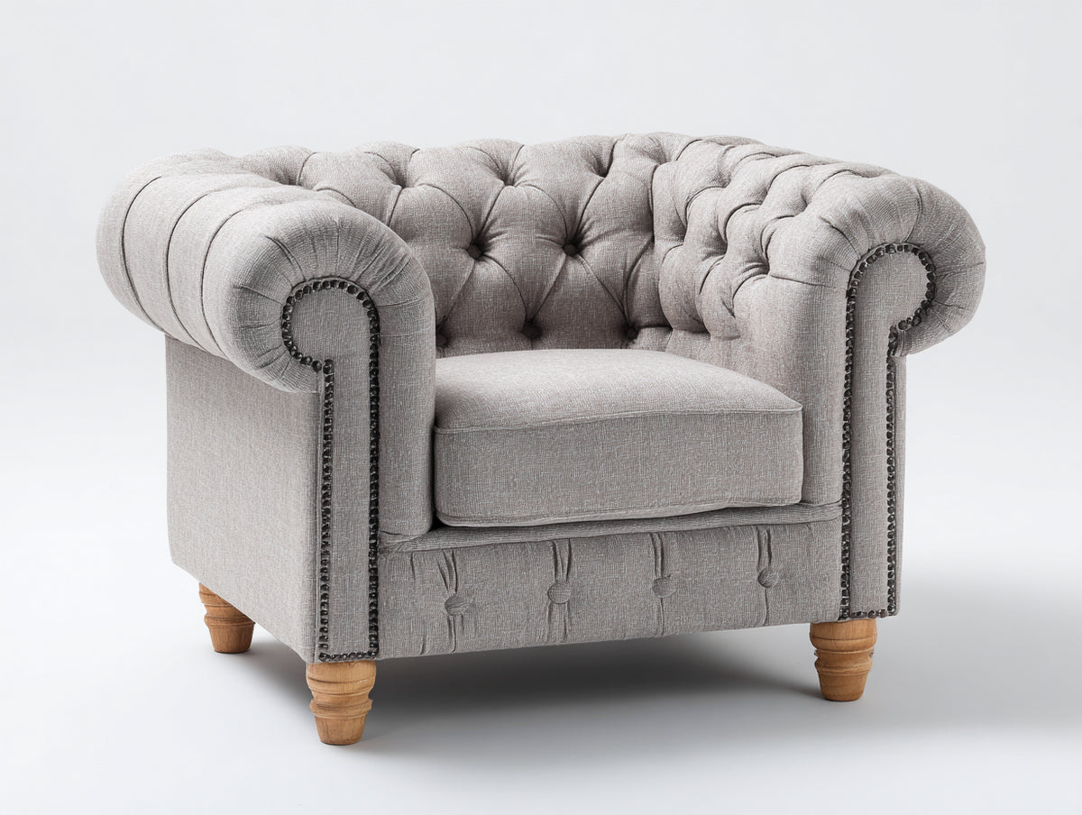 Fauteuil Chesterfield en tissu texturé 105x90x78 cm - gris clair et bois naturel - dossier capitonné