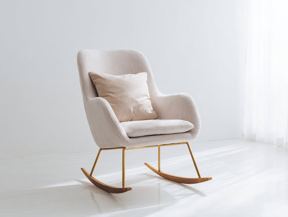 Fauteuil à bascule - tissu bouclé-métal-bois - 83x75x90 cm - crème-or-bois clair - scandinave