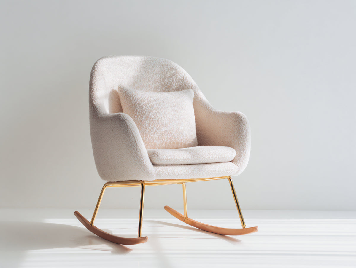 Fauteuil à bascule - tissu bouclé-métal-bois - 81x74x87 cm - crème-or-bois clair - scandinave